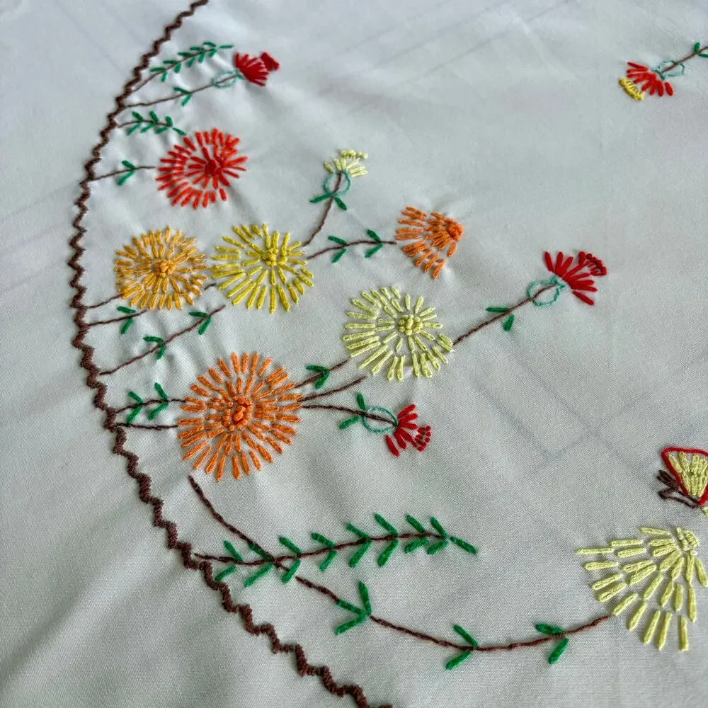 Vintage Embroidered Round Tablecloth, Beige Floral Cotton Blend 58”